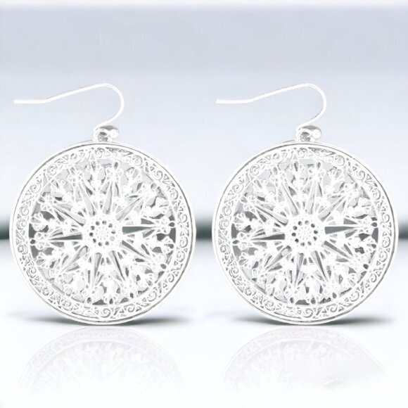 Boutique Jewelry - Mandala Filigree Silver Drop Earrings